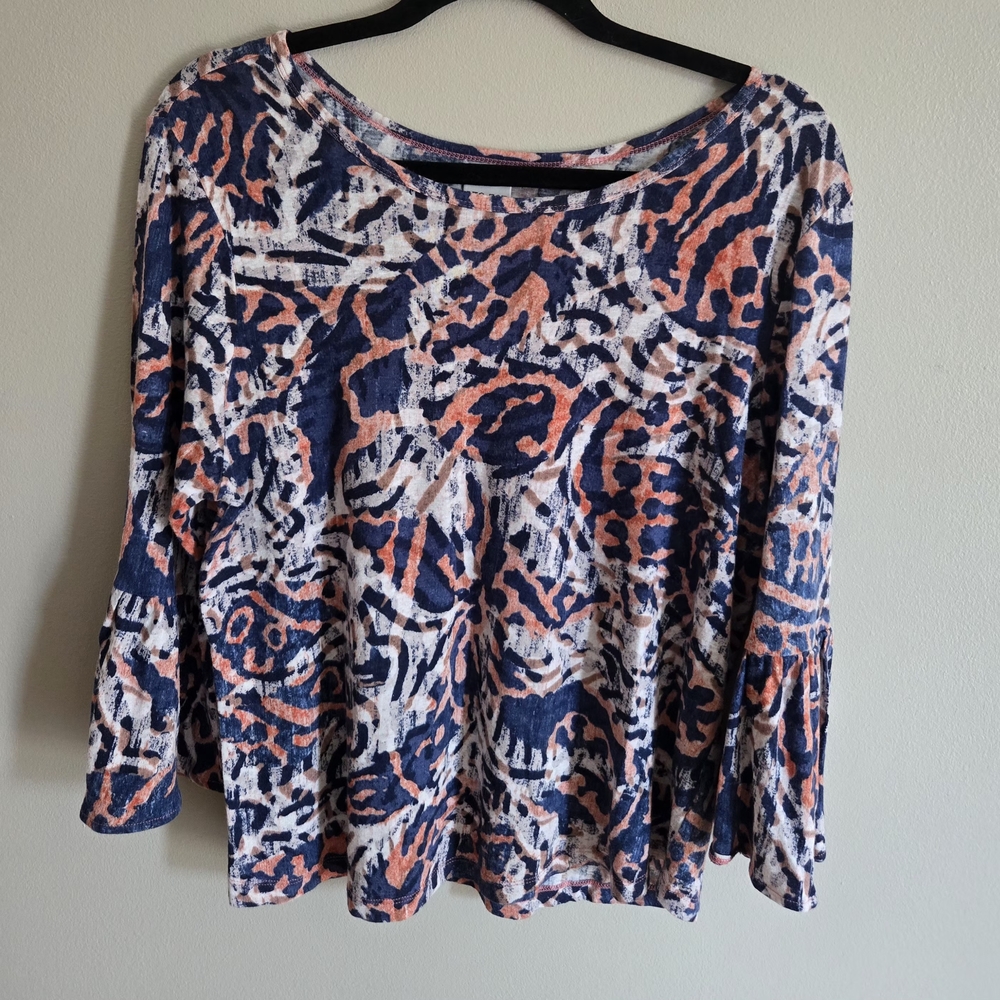 Nic + Zoe Knit Top Glowing Sunset Size L 3/4 Bell Sleeve Linen Blend EUC
